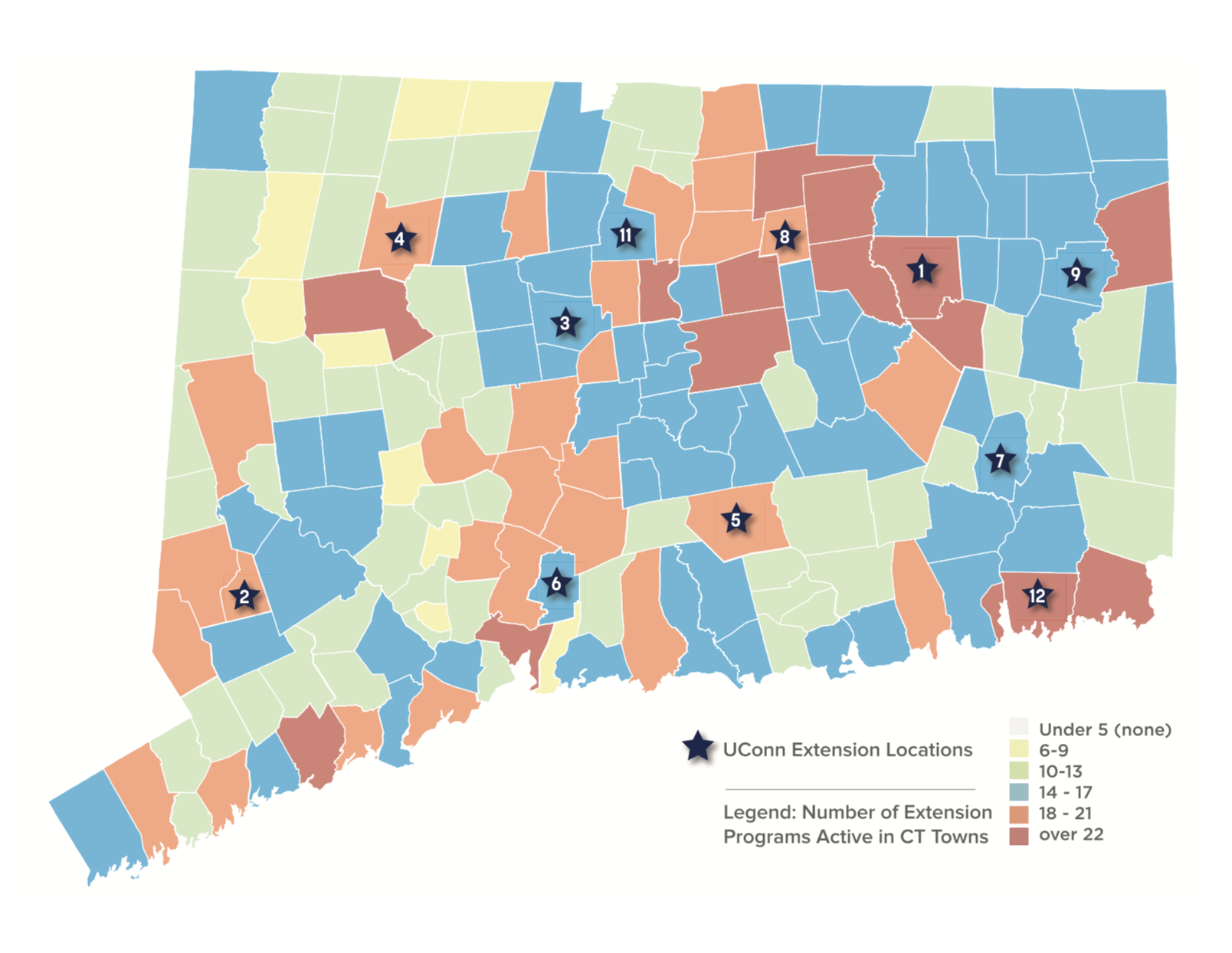 map of Connecticut with star locations of Extension centers